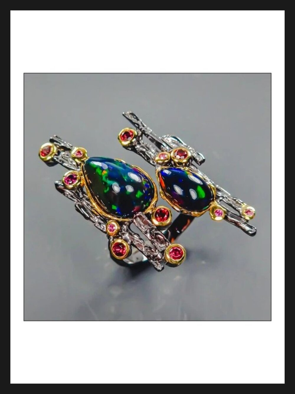 Ring 3CT Black Opal with Rhodolite Accents 925 Free size